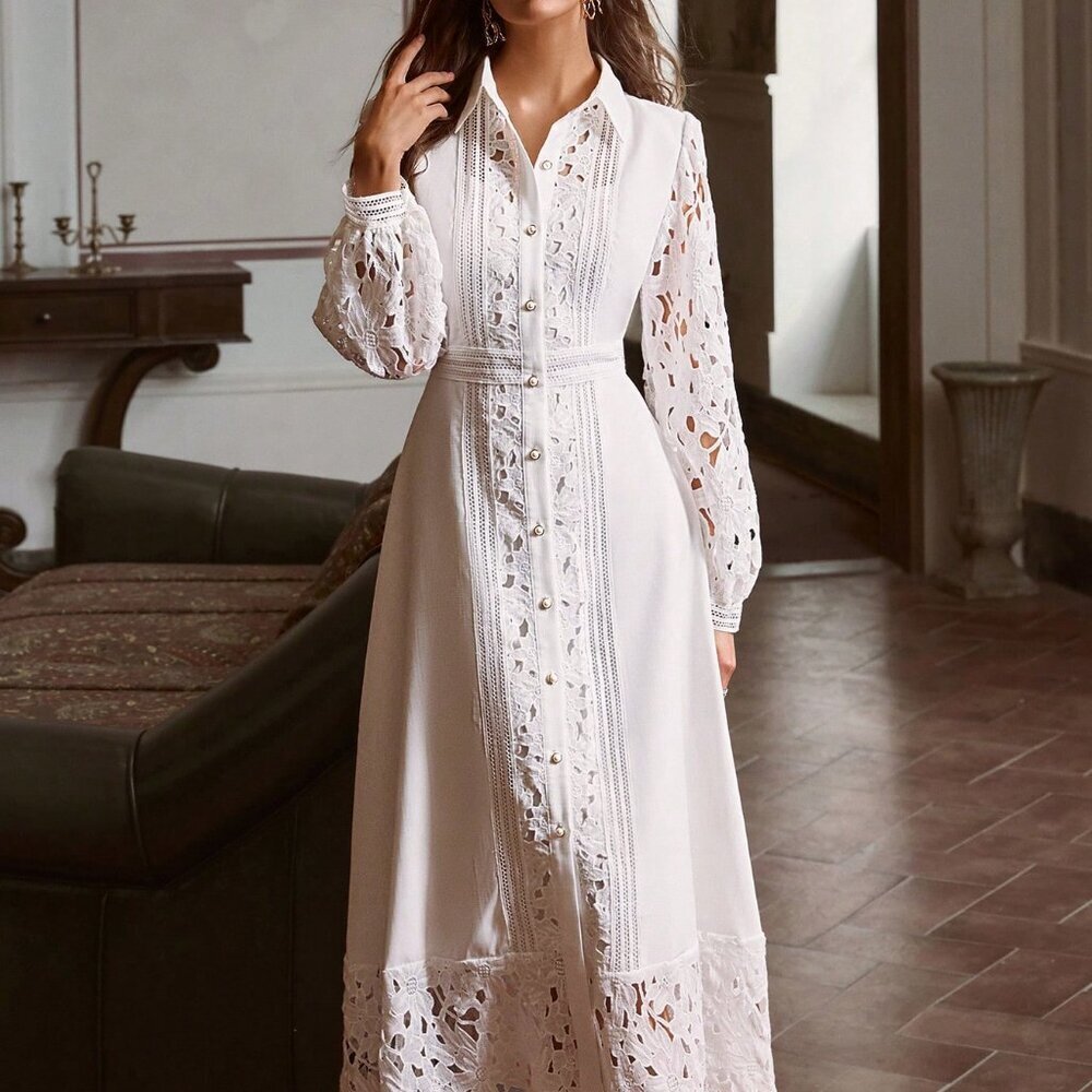 White Elegant Women's Lace Dress - Picture 1 of 7